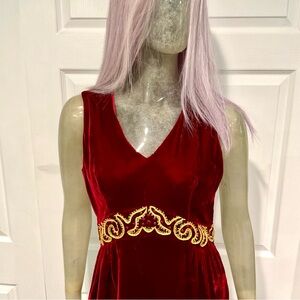 Vintage Aravon Red Velvet Dress with Gold Embellishments